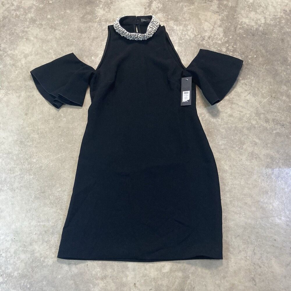 Rachel Zoe Dress Womens 4 Black Bixley Pearl Collar Crepe Mini Cold Shoudler
